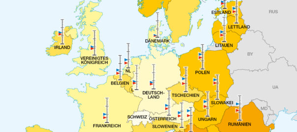 Kartenausschnitt Europa Durchschnittsalter junger Menschen bei Auszug aus dem Elternhaus und Wohneigentumsquote