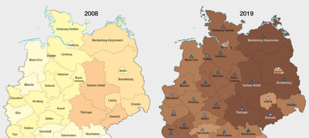 Kartenausschnitt Anteil der älteren Beschäftigten 2008/2019