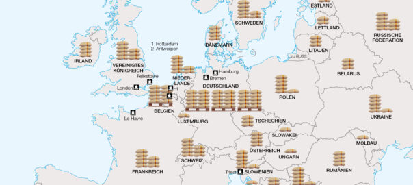 Kartenausschnitt Rohkaffee-Einfuhren nach Europa 2022
