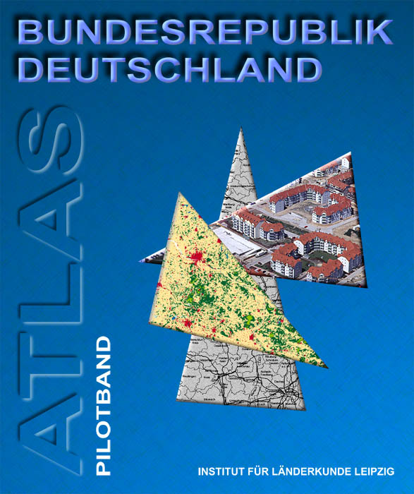 Cover des Pilotbandes. Auf dunkelblauem Grund steht oben die Aufschrift „Bundesrepublik Deutschland“, links um 90 Grad gedreht „Atlas“ und „Pilotband“ und rechts unten „Institut für Länderkunde Leipzig“. Drei übereinander gelagerte Dreiecke in der Umschlagmitte ergeben eine stilisierte Form der BRD. Die Dreiecke zeigen Kartenausschnitte bzw. ein Luftbild.